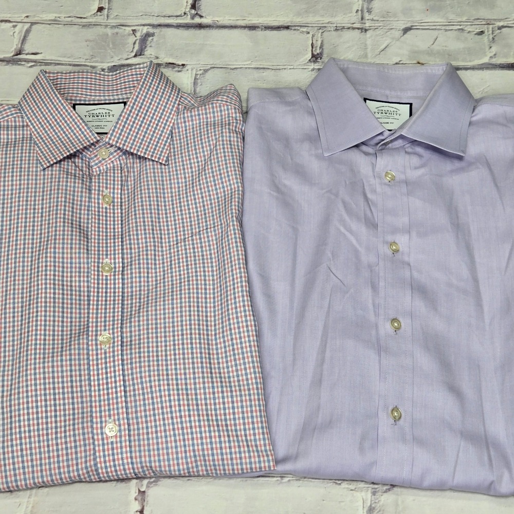 Lot Of 2 Charles Tyrwhitt Dress Shirts Red Blue Check Lavender Mens 17"/ 37"